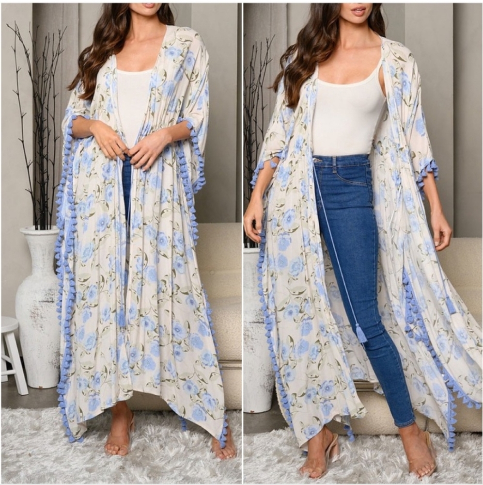 Boho Chic Blue Floral Kimono Cardigan | Lightweight Duster Cover-Up